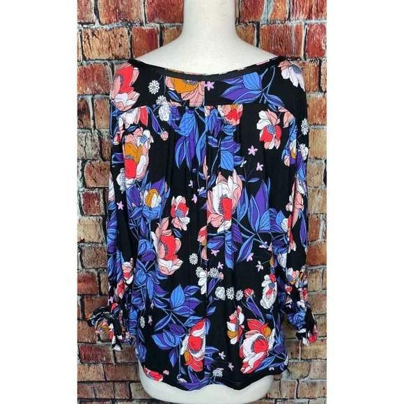 Free People Top Keepin' On Tie Sleeve Tee Floral Open Button Front Medium - Picture 4 of 8